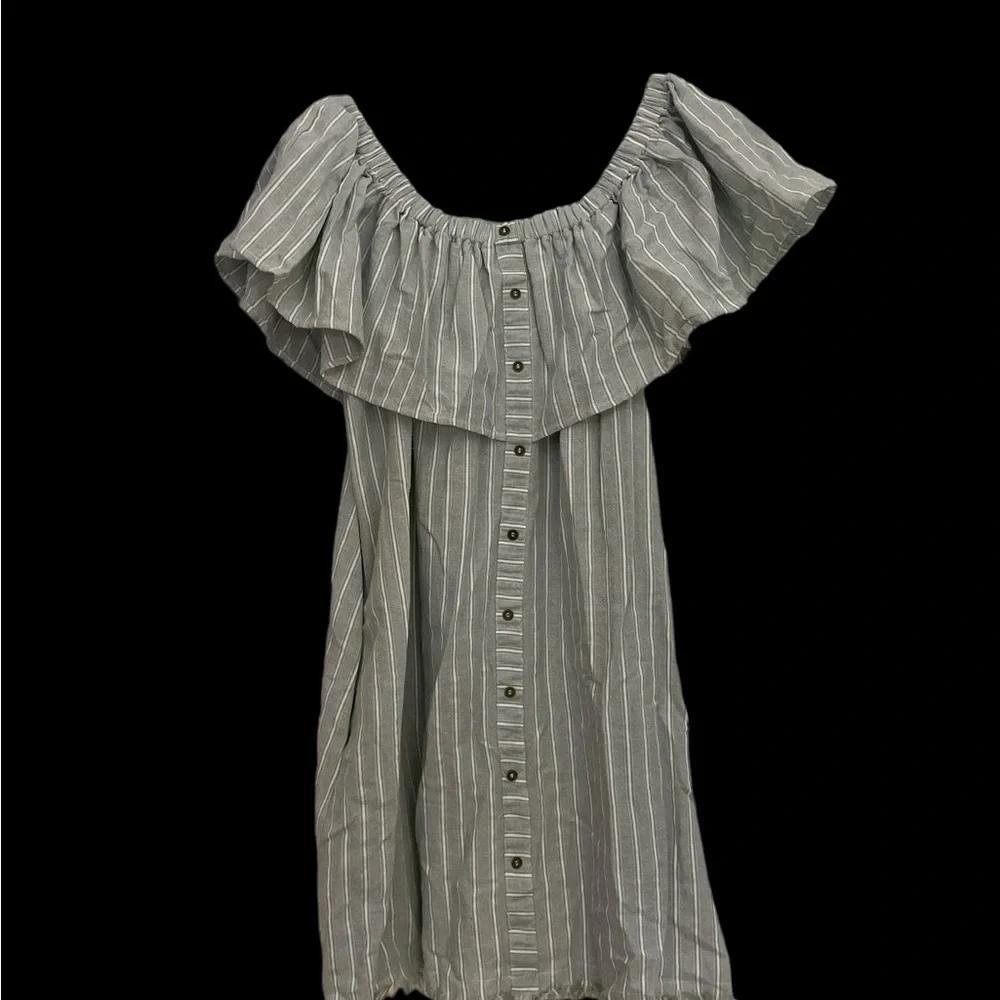 Umgee boho button front green white stripe ruffle top off shoulder dress S